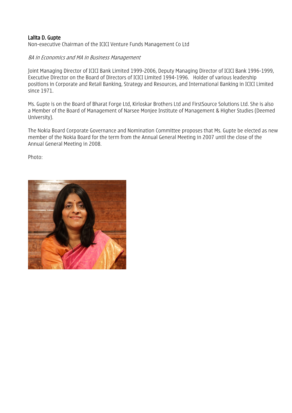 Lalita D. Gupte Non-Executive Chairman of the ICICI Venture Funds Management Co Ltd