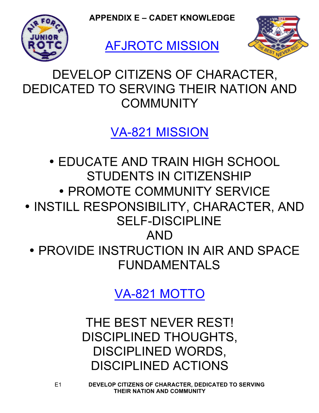 Afjrotc Mission Develop Citizens of Character