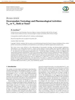 Review Article Decavanadate Toxicology and Pharmacological Activities: V10 Or V1, Both Or None?