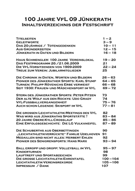 100 Jahre Vfl 09 Jünkerath Inhaltsverzeichnis Der Festschrift