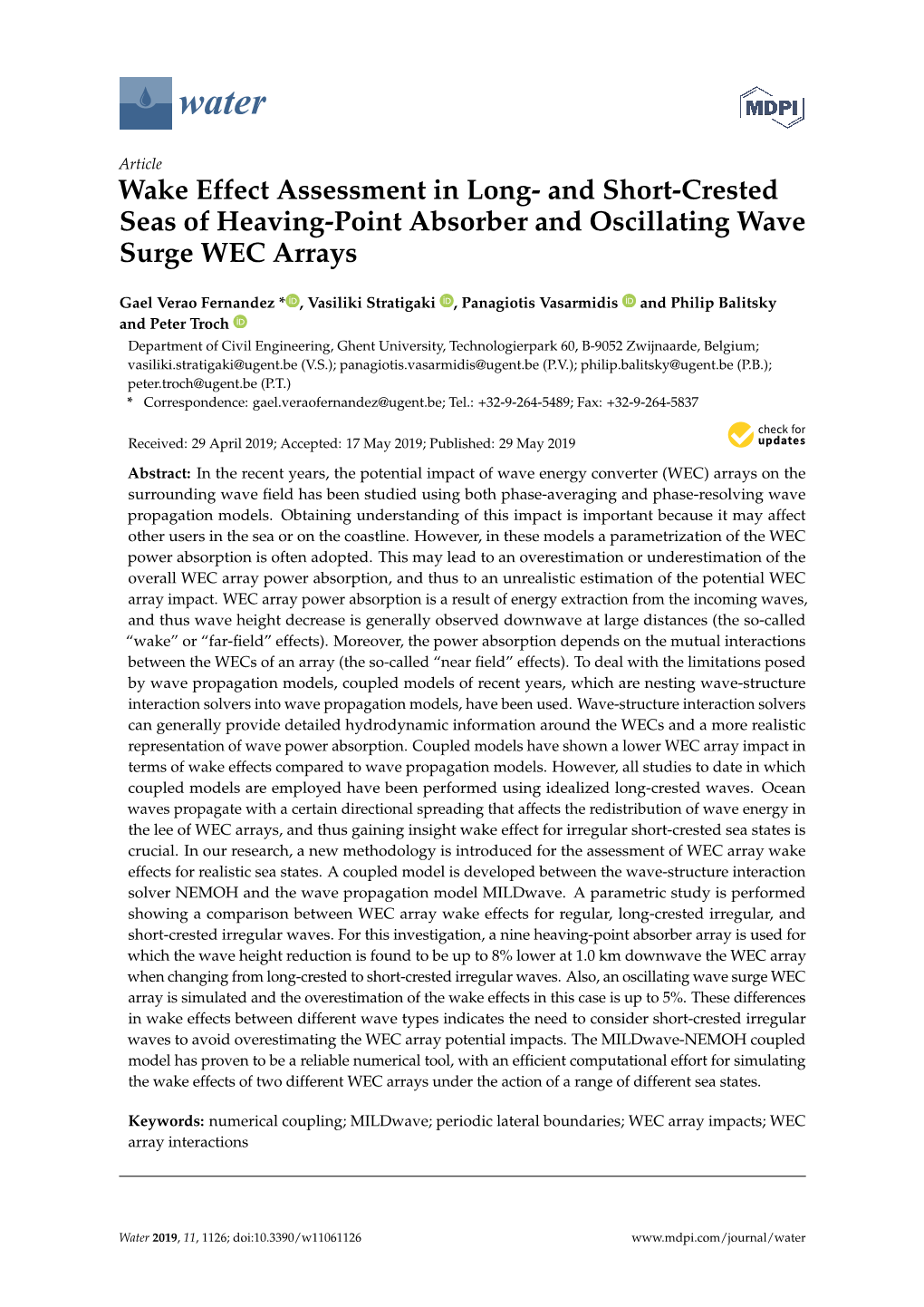 Wake Effect Assessment in Long- and Short-Crested Seas of Heaving-Point Absorber and Oscillating Wave Surge WEC Arrays