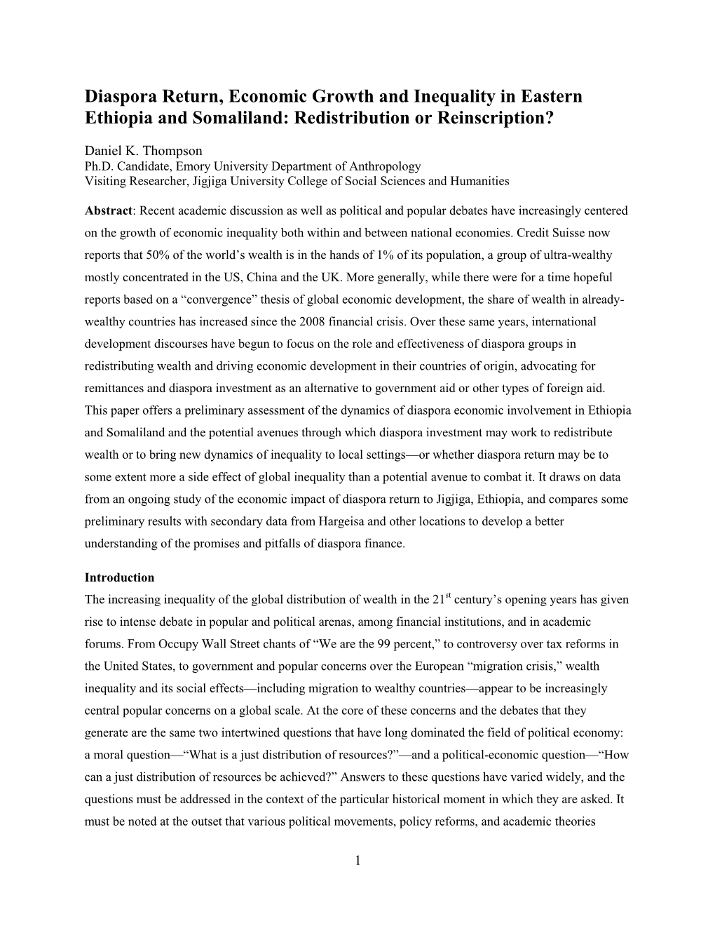 Diaspora Return, Economic Growth and Inequality in Eastern Ethiopia and Somaliland: Redistribution Or Reinscription?