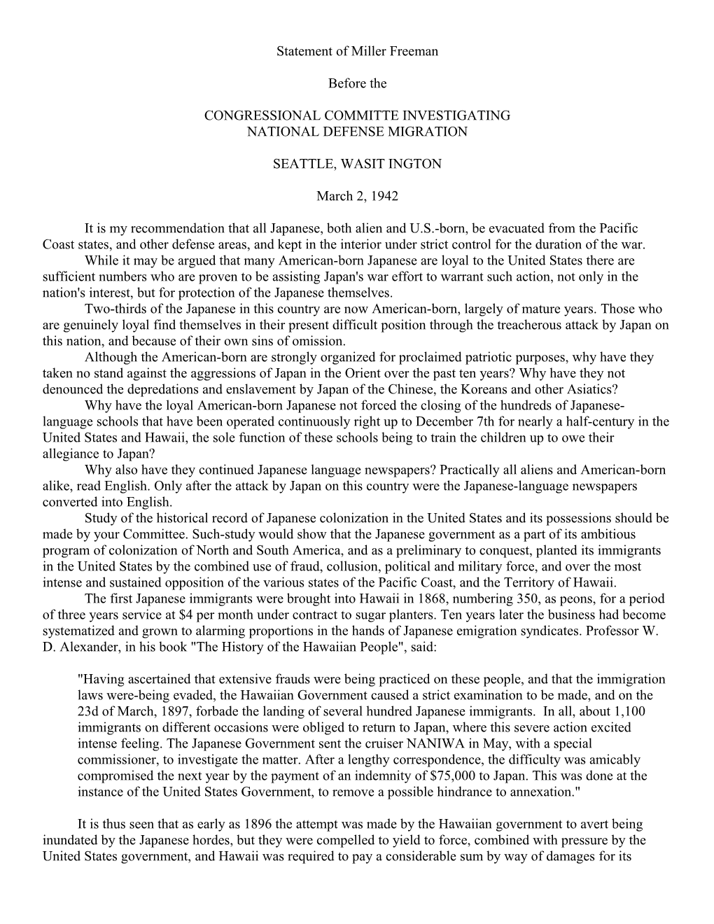 Statement of Miller Freeman