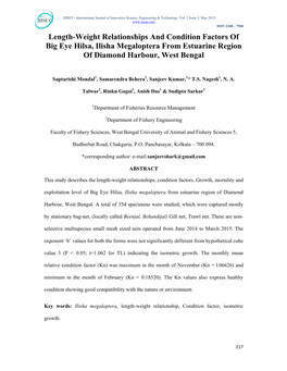 Length-Weight Relationships and Condition Factors of Big Eye Hilsa, Ilisha Megaloptera from Estuarine Region of Diamond Harbour, West Bengal