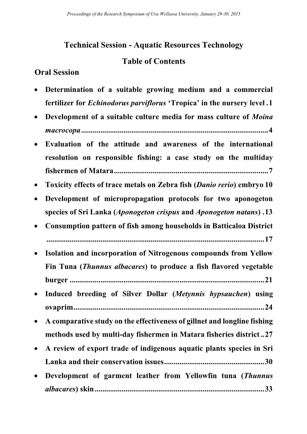 Aquatic Resources Technology Table of Contents Oral Session