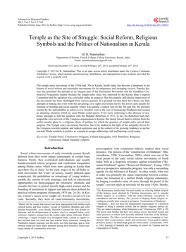 Temple As the Site of Struggle: Social Reform, Religious Symbols and the Politics of Nationalism in Kerala