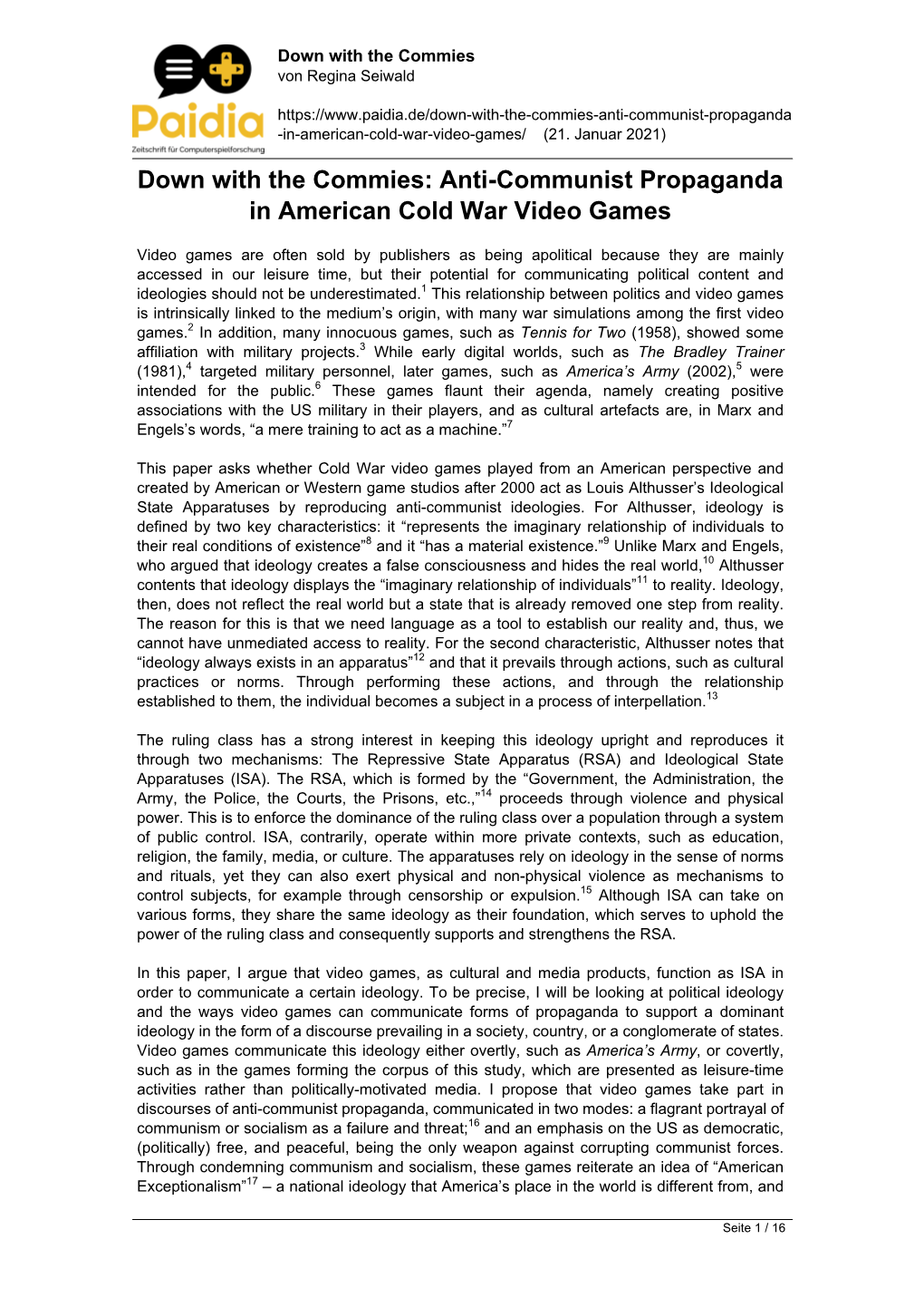 Down with the Commies: Anti-Communist Propaganda in American Cold War Video Games