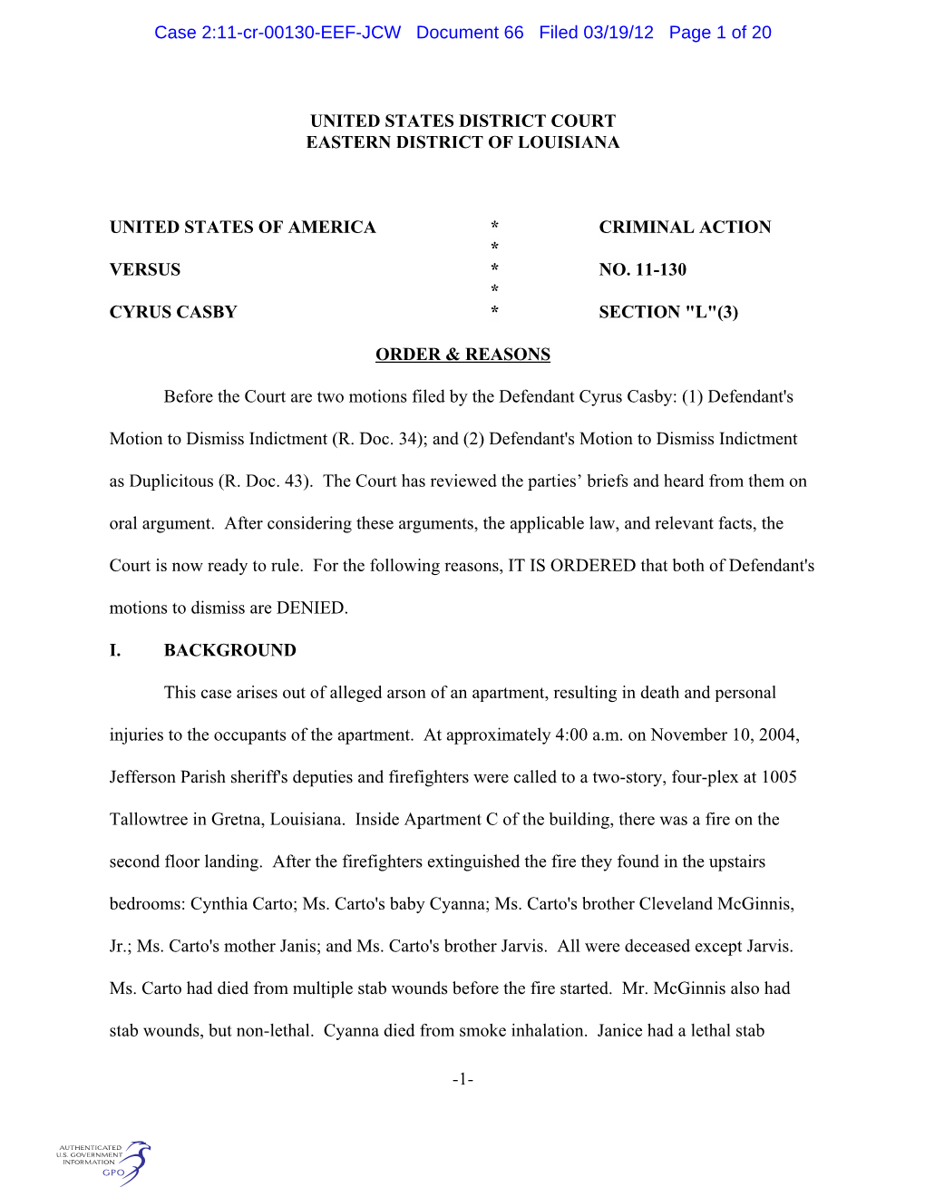 Case 2:11-Cr-00130-EEF-JCW Document 66 Filed 03/19/12 Page 1 of 20