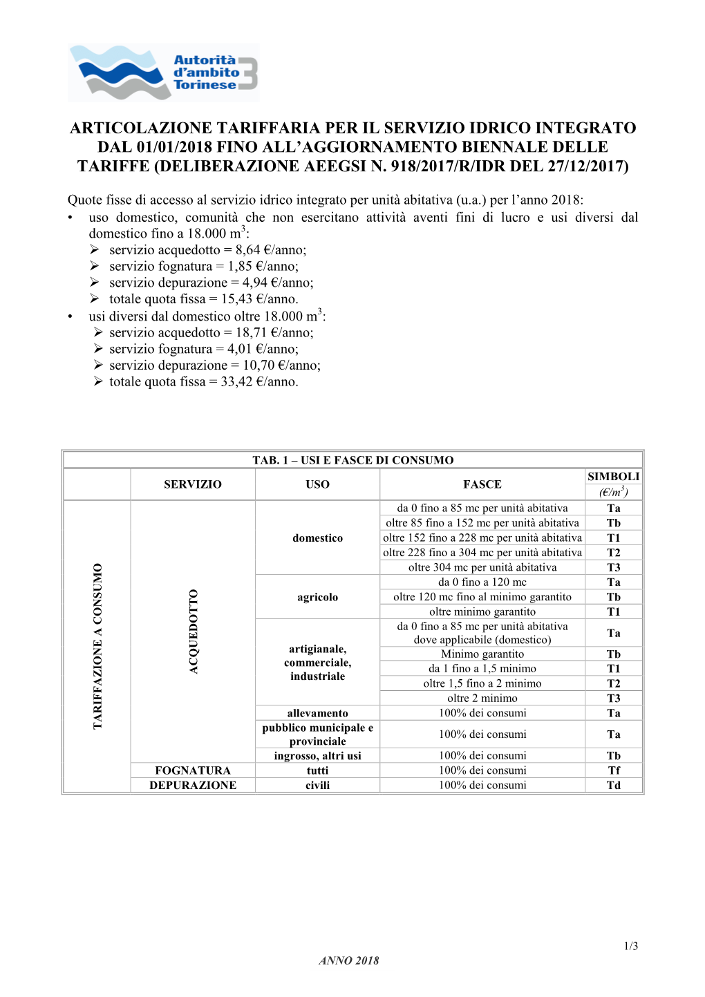 Articolazione Tariffaria Per Il Servizio Idrico Integrato Dal 01/01/2018 Fino All'aggiornamento Biennale Delle Tariffe (Delibe