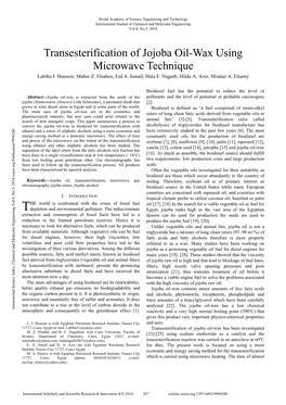 Transesterification of Jojoba Oil-Wax Using Microwave Technique Labiba I