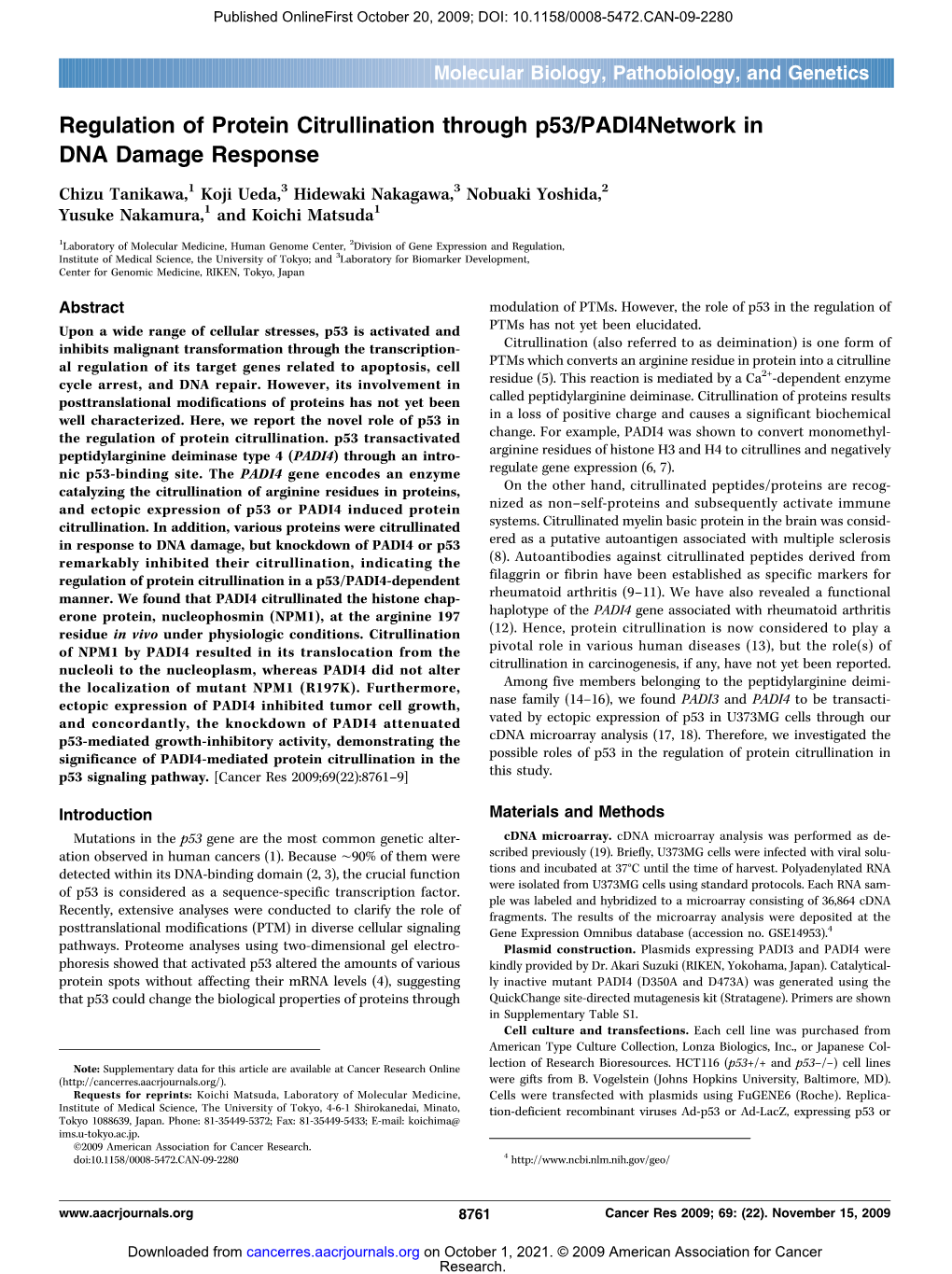 Regulation of Protein Citrullination Through P53/PADI4 Network in DNA Damage Response