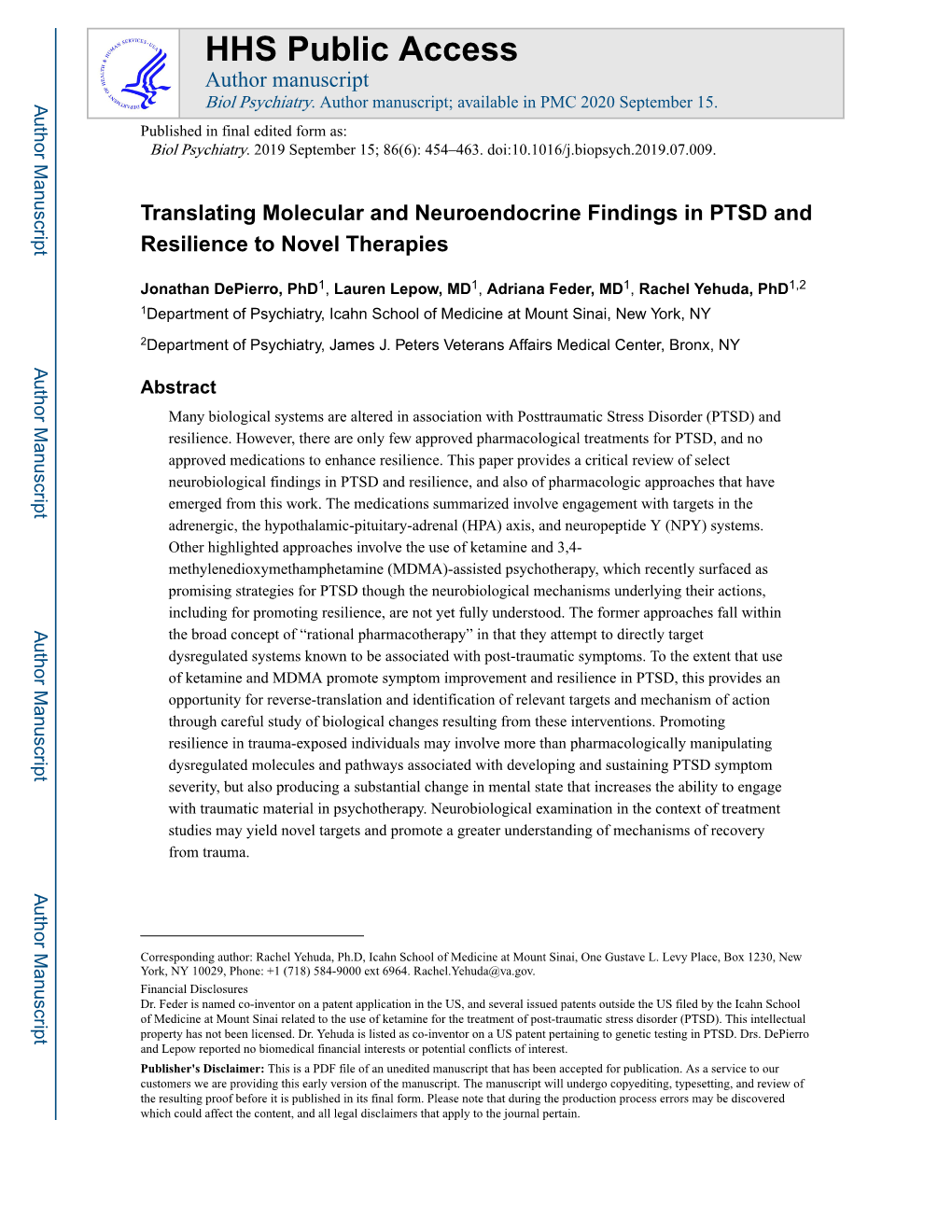 Translating Molecular and Neuroendocrine Findings in PTSD and Resilience to Novel Therapies