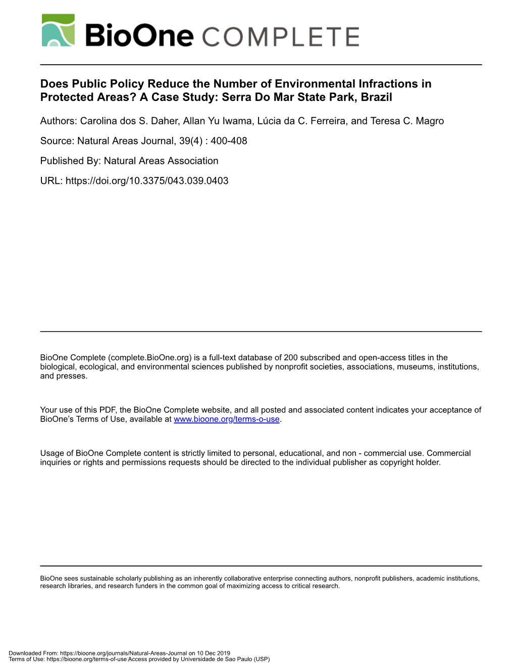 Does Public Policy Reduce the Number of Environmental Infractions in Protected Areas? a Case Study: Serra Do Mar State Park, Brazil