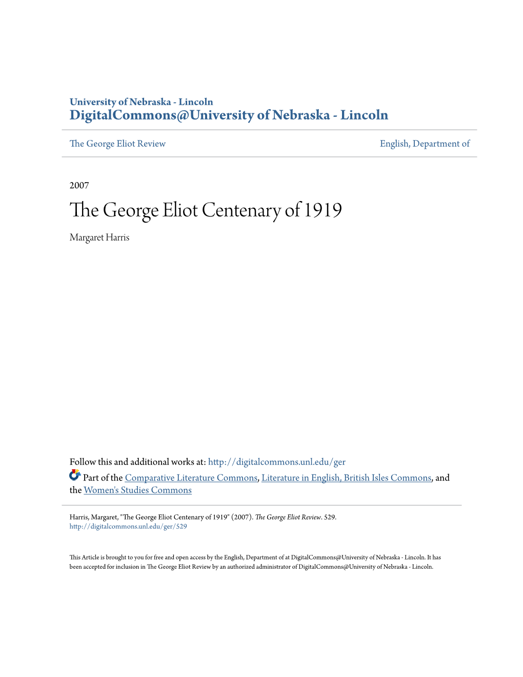 The George Eliot Centenary of 1919 Margaret Harris