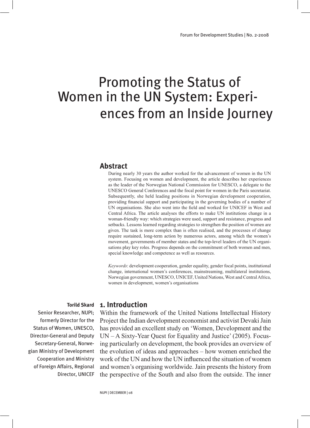Promoting the Status of Women in the UN System: Experi- Ences from an Inside Journey