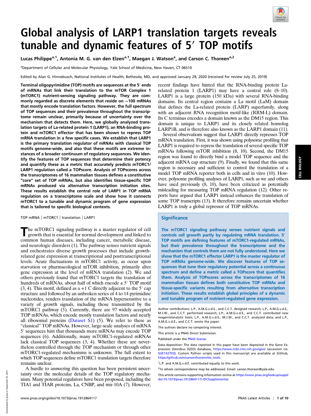 Global Analysis of LARP1 Translation Targets Reveals Tunable and Dynamic Features of 5′ TOP Motifs