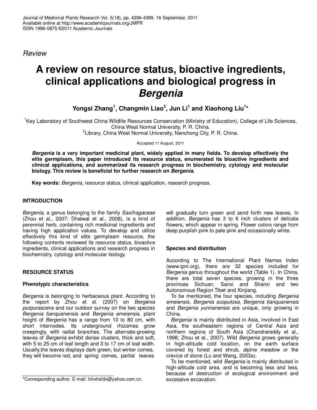A Review on Resource Status, Bioactive Ingredients, Clinical Applications and Biological Progress in Bergenia