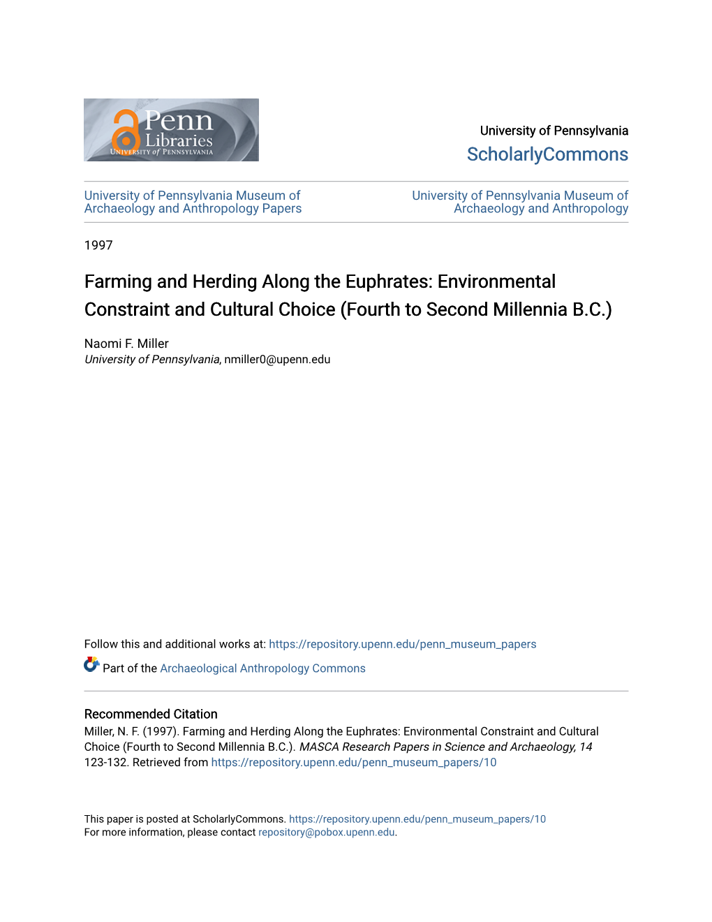 Farming and Herding Along the Euphrates: Environmental Constraint and Cultural Choice (Fourth to Second Millennia B.C.)