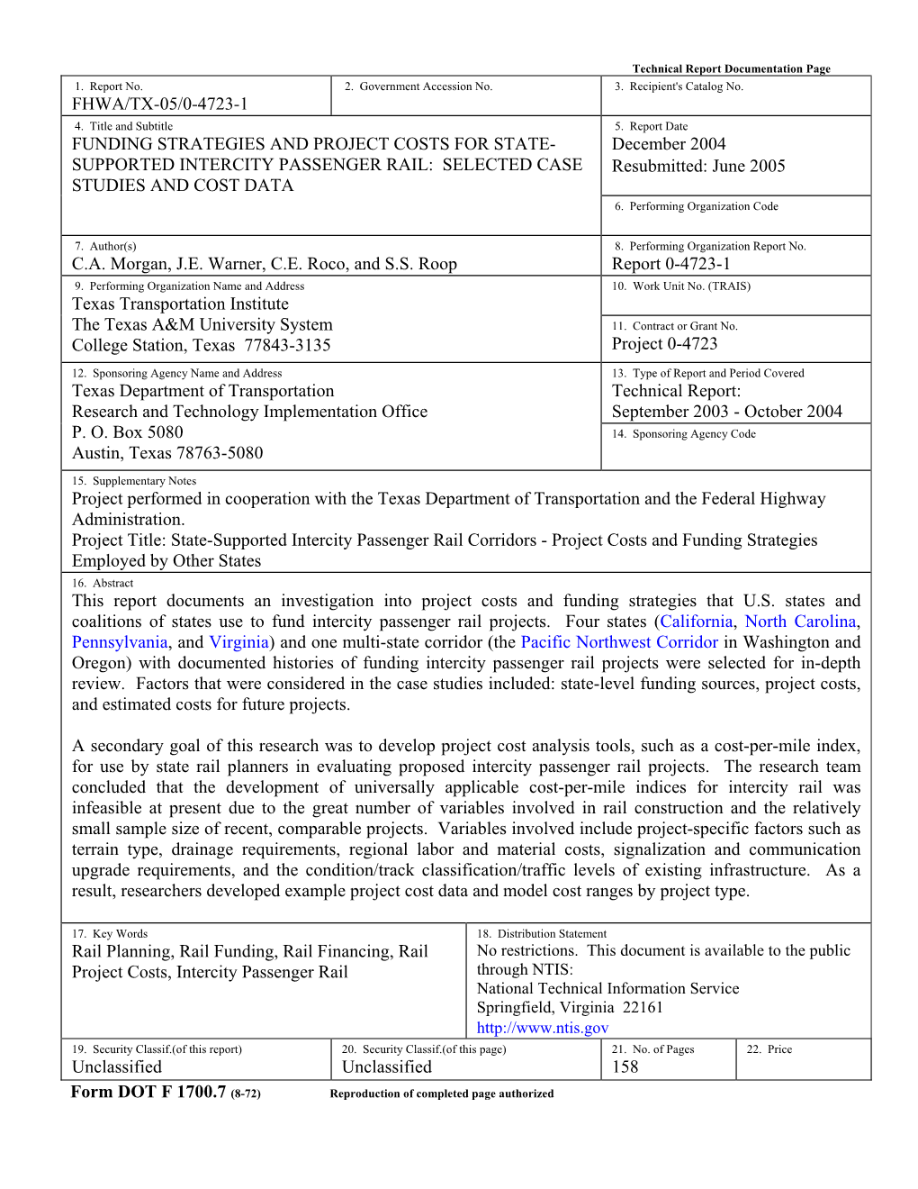 Funding Strategies and Project Costs for State-Supported Intercity Passenger Rail: Selected Case Studies and Cost Data