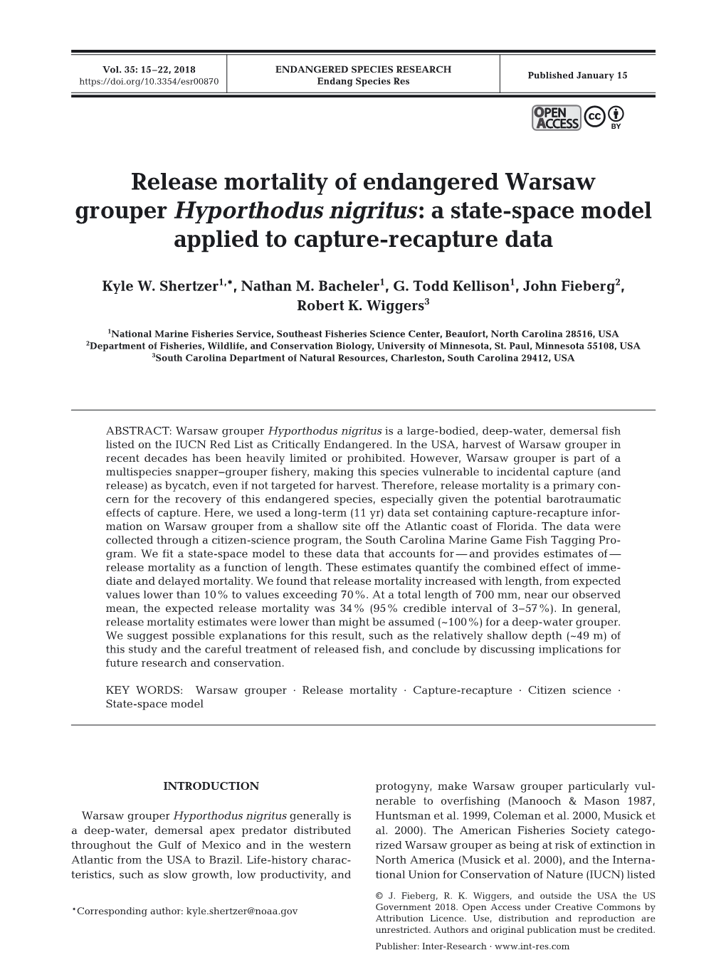 Release Mortality of Endangered Warsaw Grouper Hyporthodus Nigritus: a State-Space Model Applied to Capture-Recapture Data