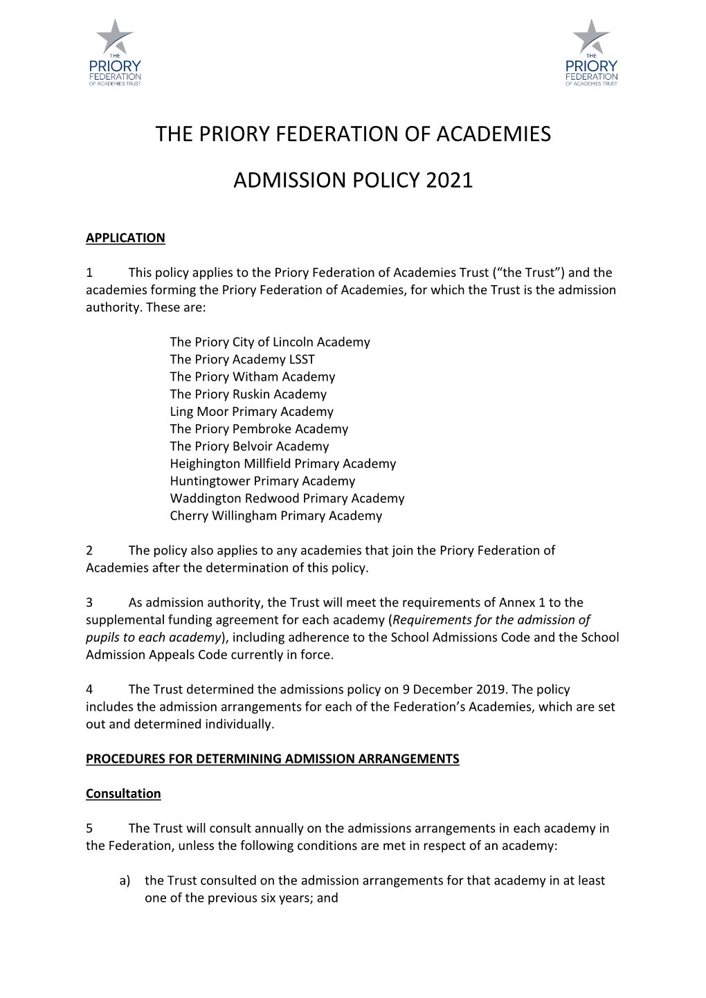 Priory Federation of Academies Trust Admissions Policy 2021