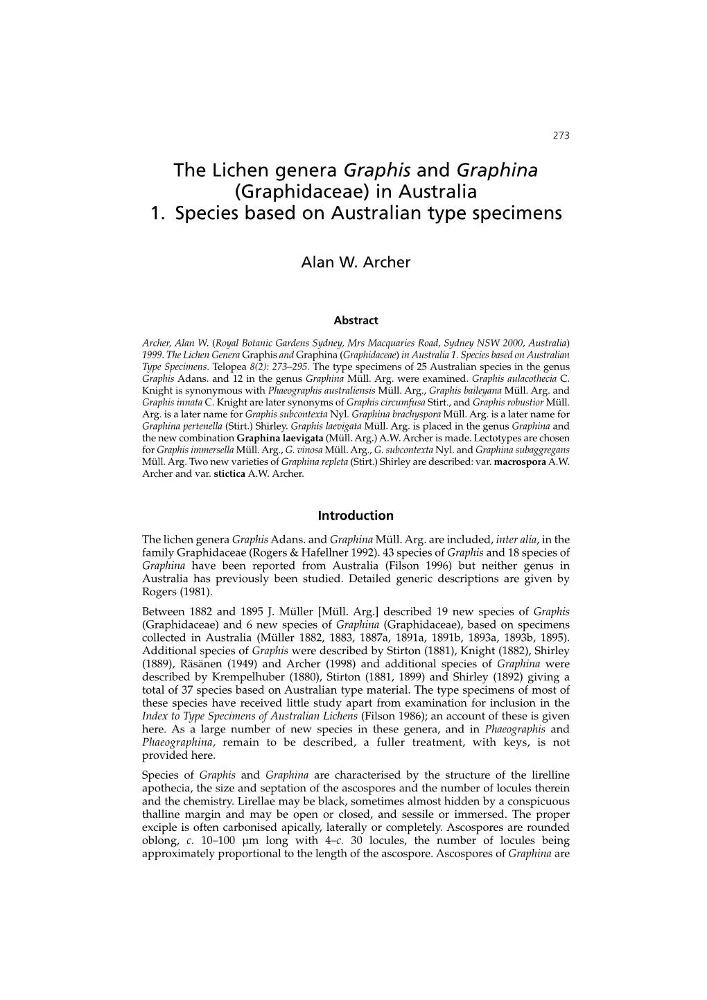 The Lichen Genera Graphis and Graphina (Graphidaceae) in Australia 1