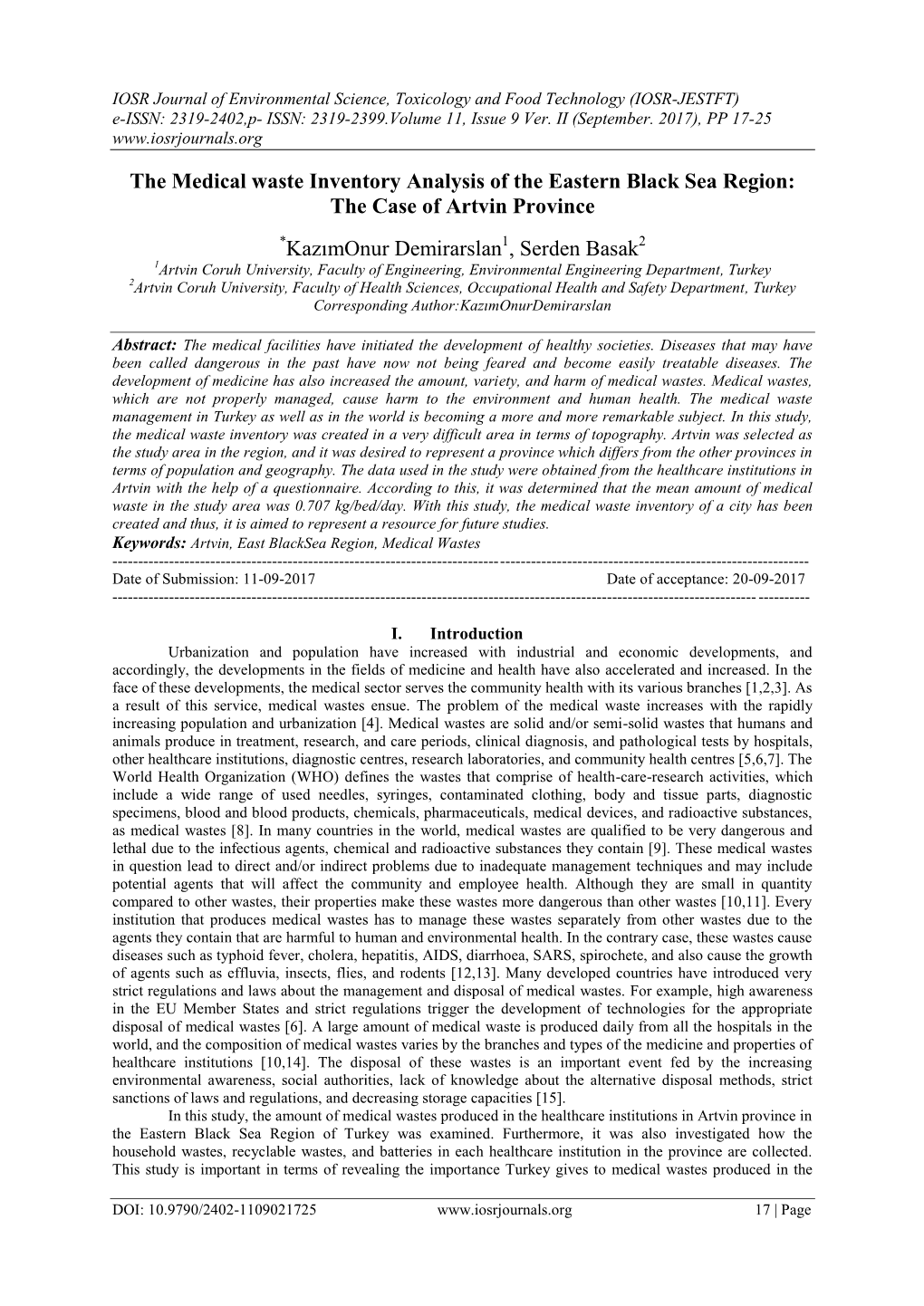 The Medical Waste Inventory Analysis of the Eastern Black Sea Region: the Case of Artvin Province