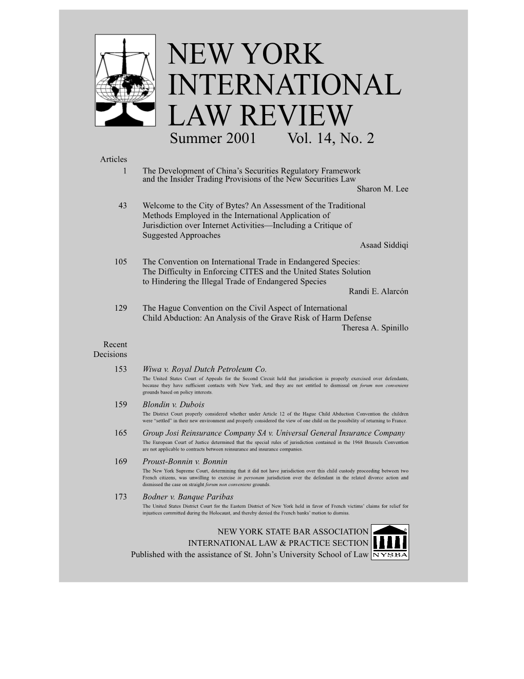 NEW YORK INTERNATIONAL LAW REVIEW Summer 2001 Vol