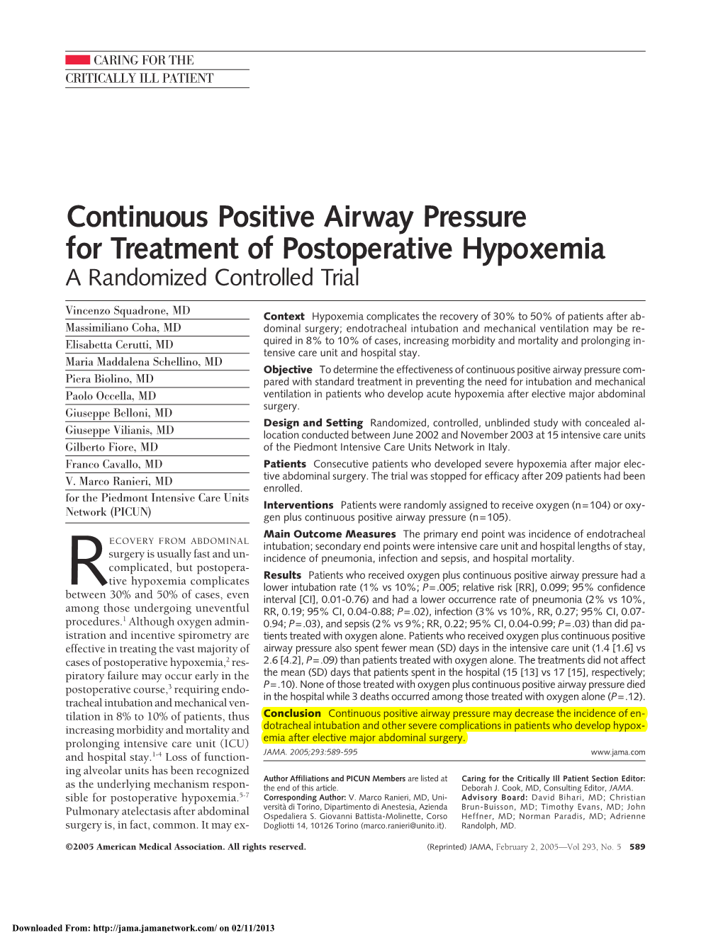 Continuous Positive Airway Pressure for Treatment of Postoperative Hypoxemia a Randomized Controlled Trial