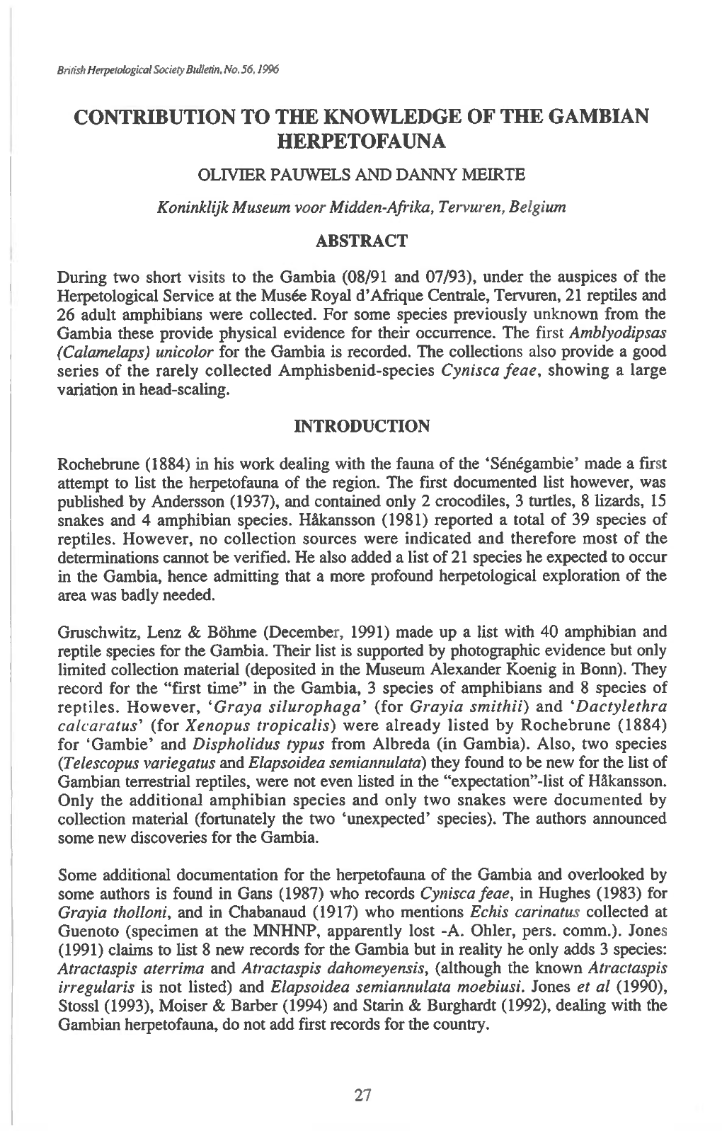 CONTRIBUTION to the KNOWLEDGE of the GAMBIAN HERPETOFAUNA OLIVIER PAUWELS and DANNY MEIRTE Koninklijk Museum Voor Midden-Afrika, Tervuren, Belgium