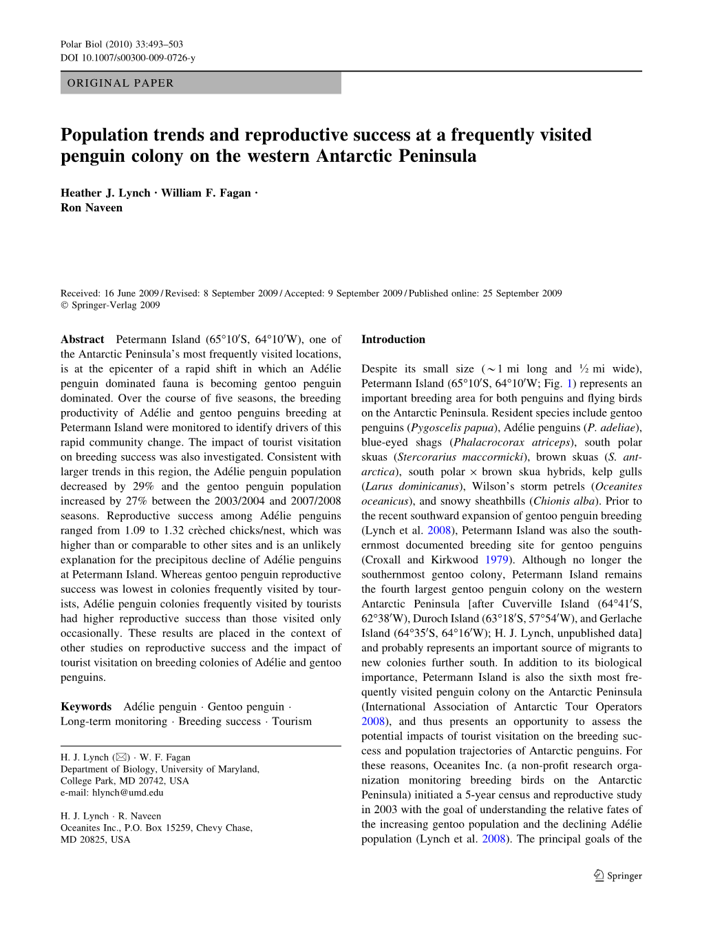 Population Trends and Reproductive Success at a Frequently Visited Penguin Colony on the Western Antarctic Peninsula