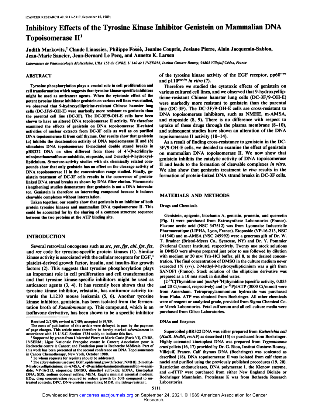 Inhibitory Effects of the Tyrosine Kinase Inhibitor Genistein on Mammalian DNA Topoisomerase II1