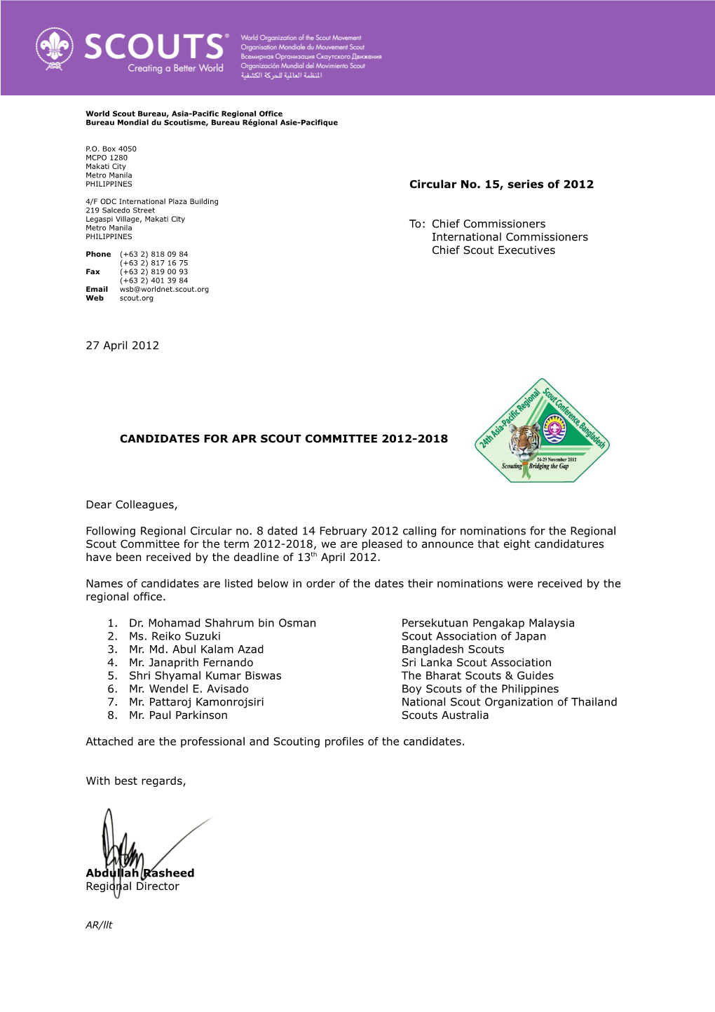 Circular 15-2012: CANDIDATES for APR SCOUT COMMITTEE 2012-2018