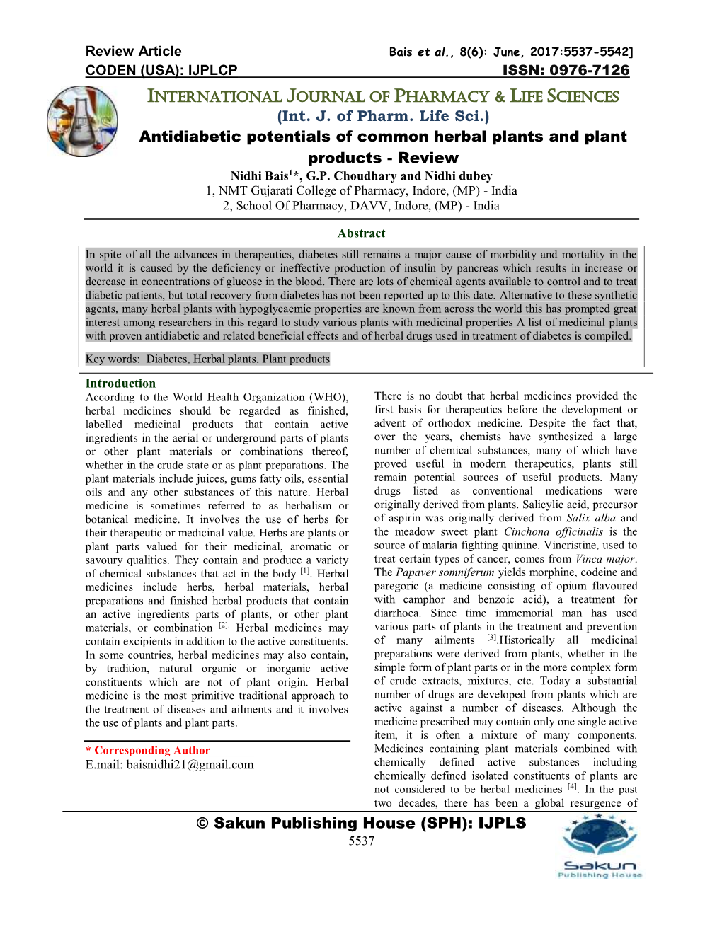 17:5537-5542] CODEN (USA): IJPLCP ISSN: 0976-7126 INTERNATIONAL JOURNAL of PHARMACY & LIFE SCIENCES (Int