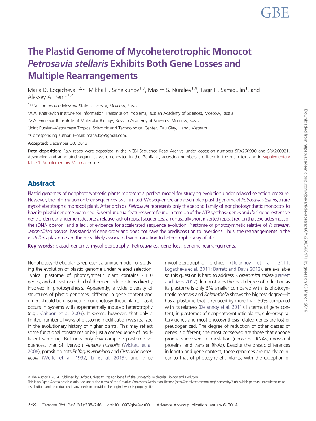 The Plastid Genome of Mycoheterotrophic Monocot Petrosavia Stellaris Exhibits Both Gene Losses and Multiple Rearrangements