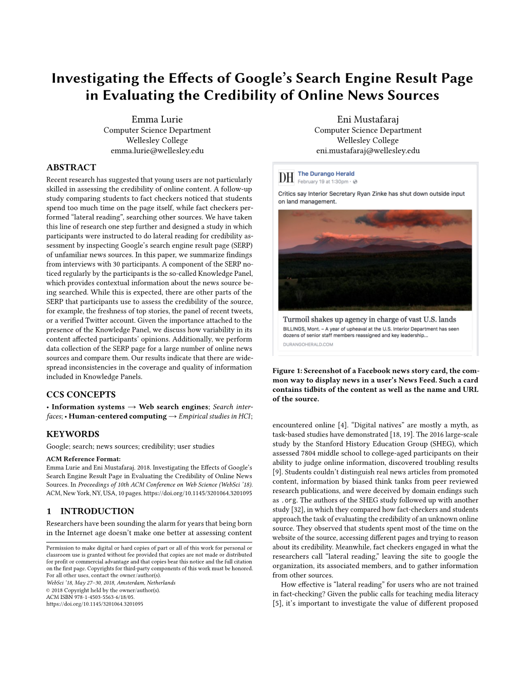 Investigating the Effects of Google's Search Engine Result Page in Evaluating the Credibility of Online News Sources