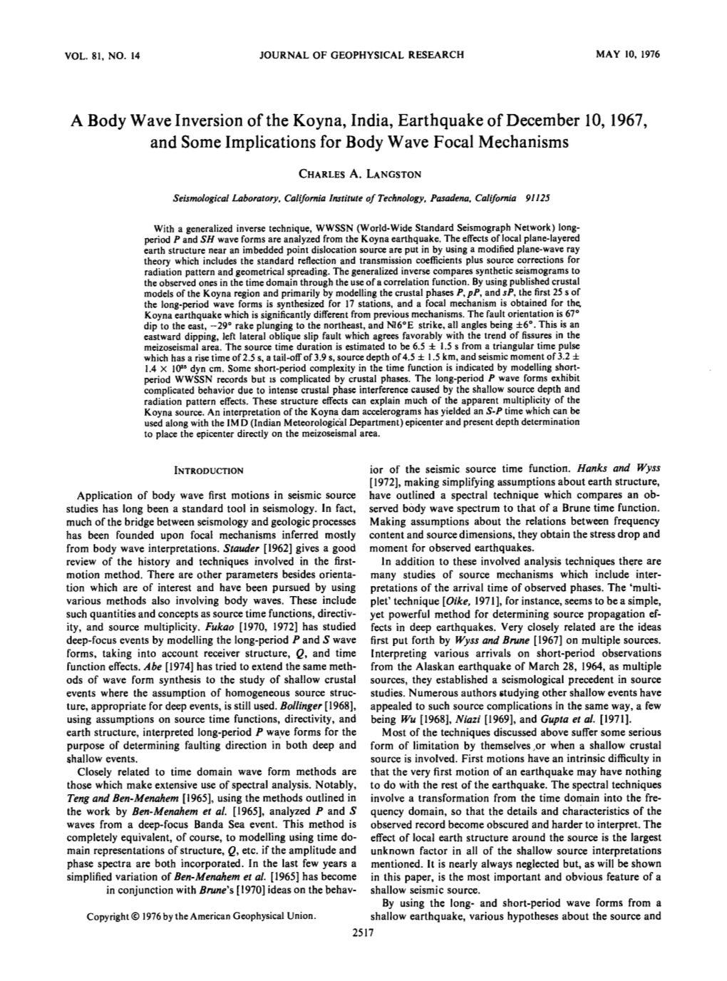 A Body Wave Inversion of the Koyna, India, Earthquake of December 10, 1967, and Some Implications for Body Wave Focal Mechanisms