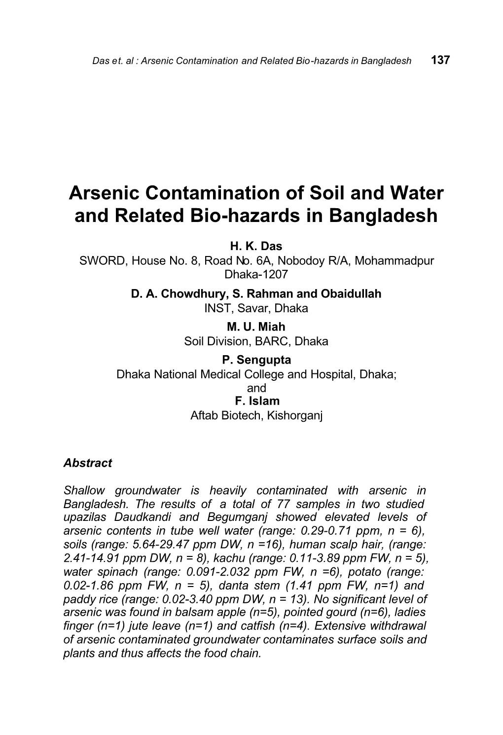 Arsenic Contamination of Soil and Water and Related Bio-Hazards in Bangladesh