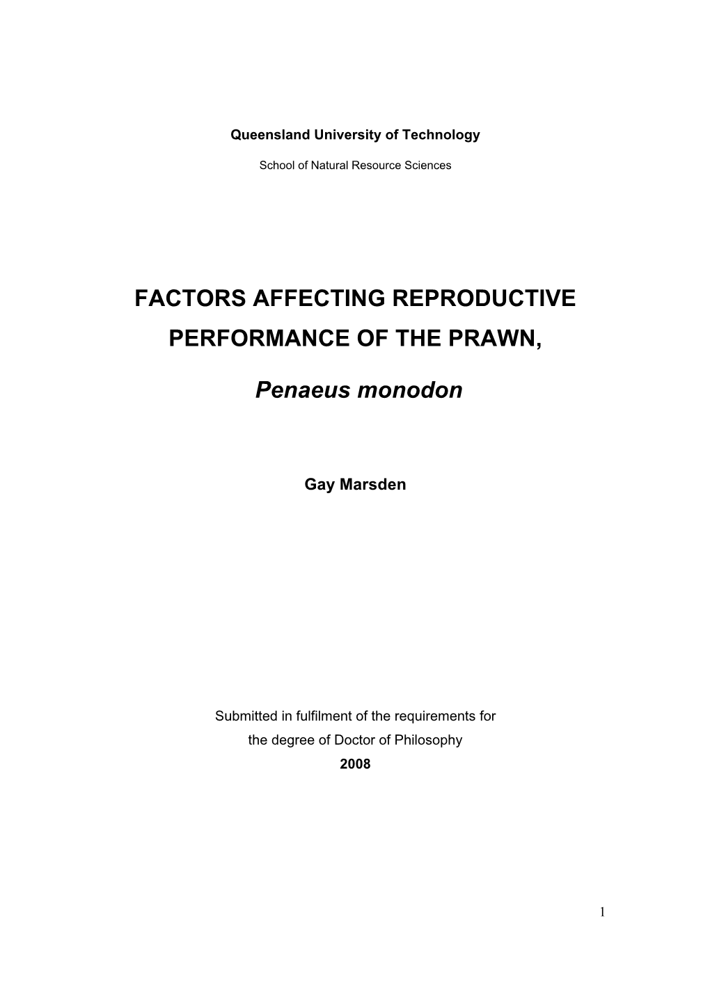 Factors Affecting Reproductive Performance of the Prawn