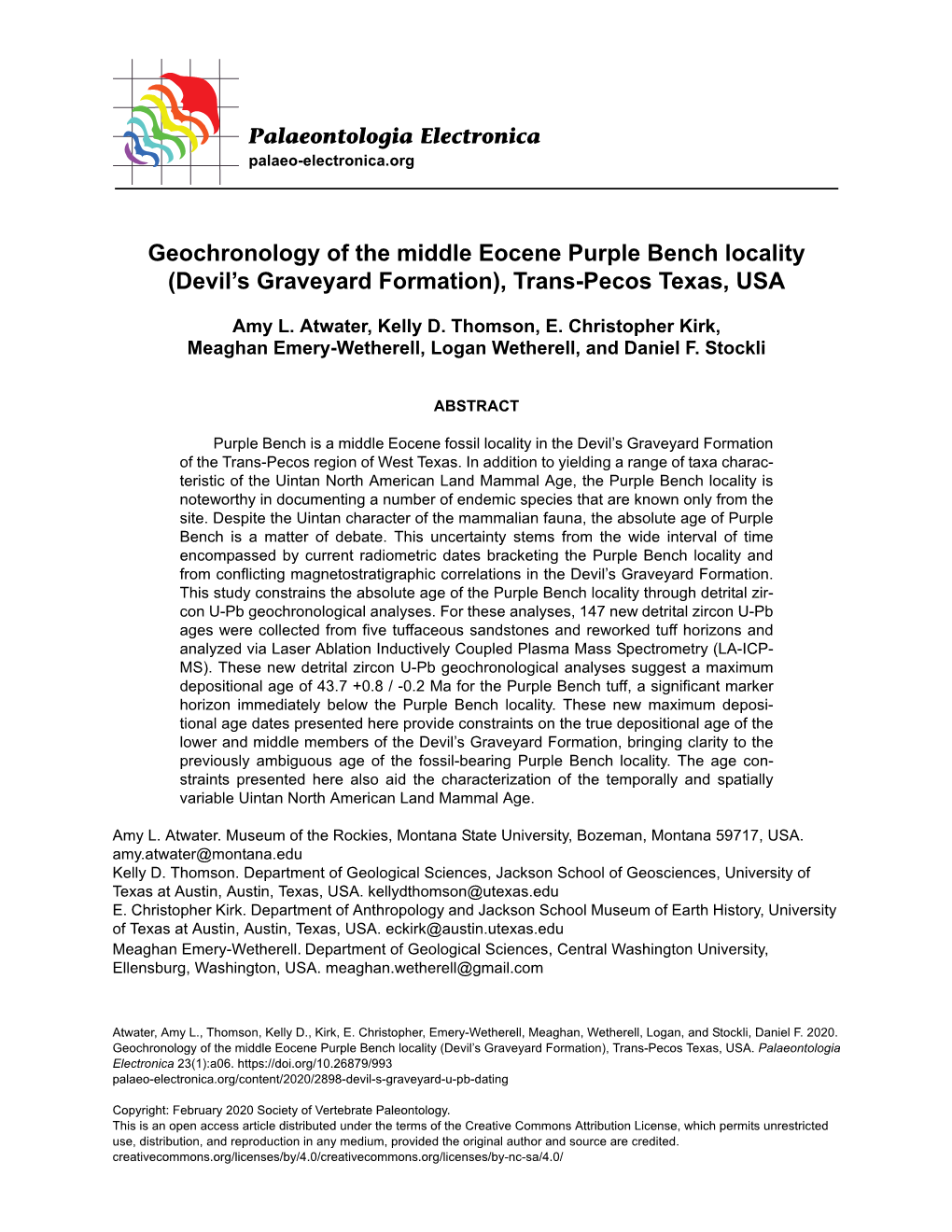 Geochronology of the Middle Eocene Purple Bench Locality (Devil’S Graveyard Formation), Trans-Pecos Texas, USA