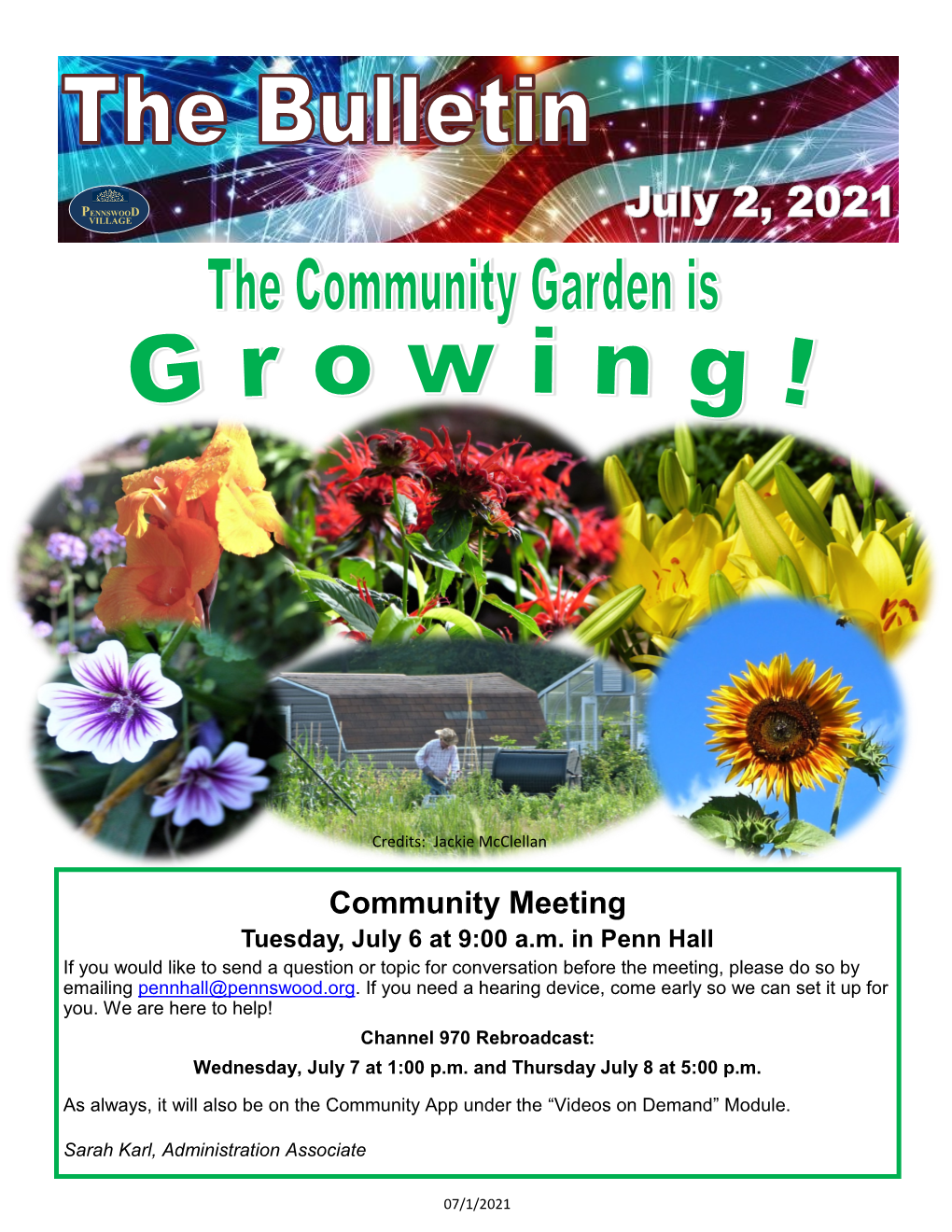 Community Meeting Tuesday, July 6 at 9:00 A.M