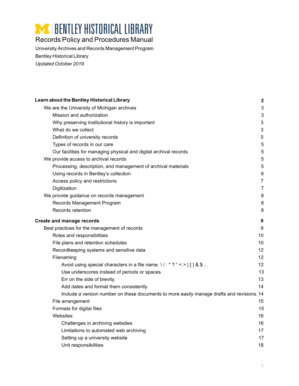 Records Policy and Procedures Manual University Archives and Records Management Program Bentley Historical Library Updated October 2019