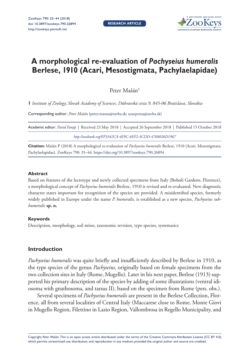 A Morphological Re-Evaluation of Pachyseius Humeralis Berlese, 1910 (Acari, Mesostigmata, Pachylaelapidae)