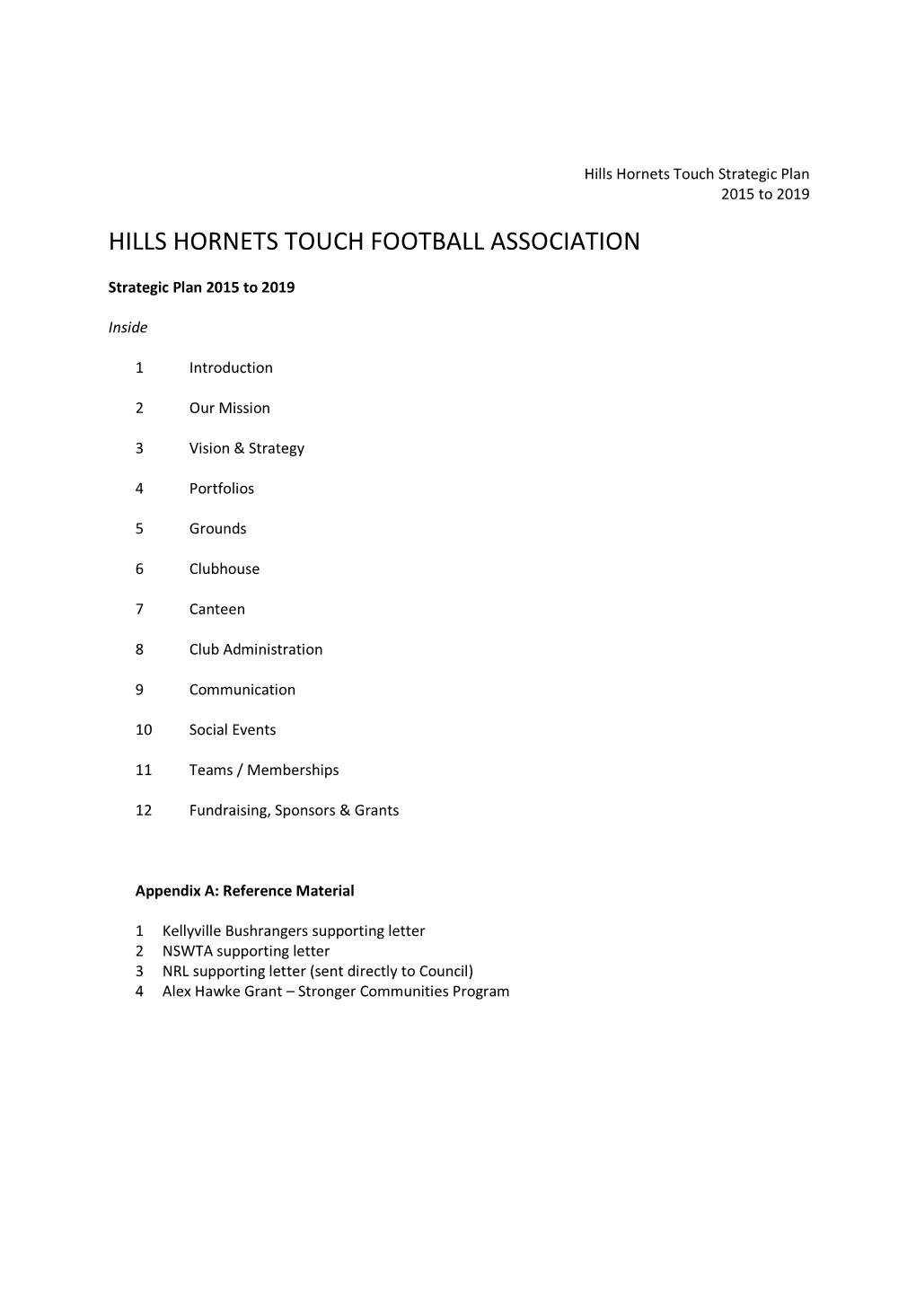 Hills Hornets Touch Strategic Plan 2015 to 2019