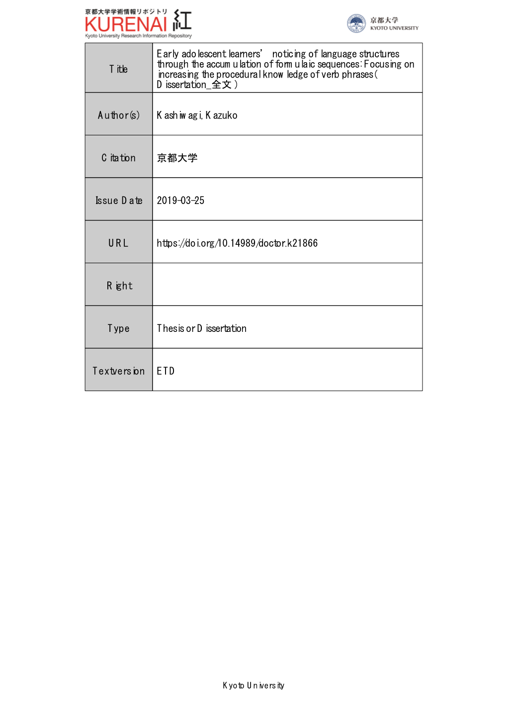 Title Early Adolescent Learners' Noticing of Language Structures Through the Accumulation of Formulaic Sequences: Focusing On