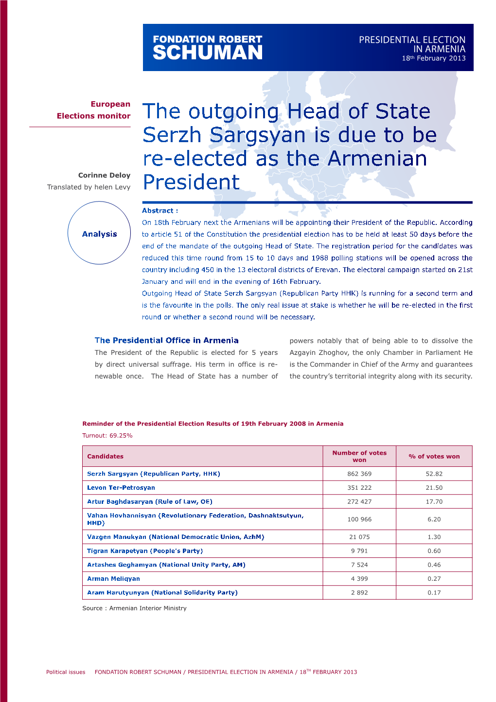 PRESIDENTIAL ELECTION in ARMENIA 18Th February 2013