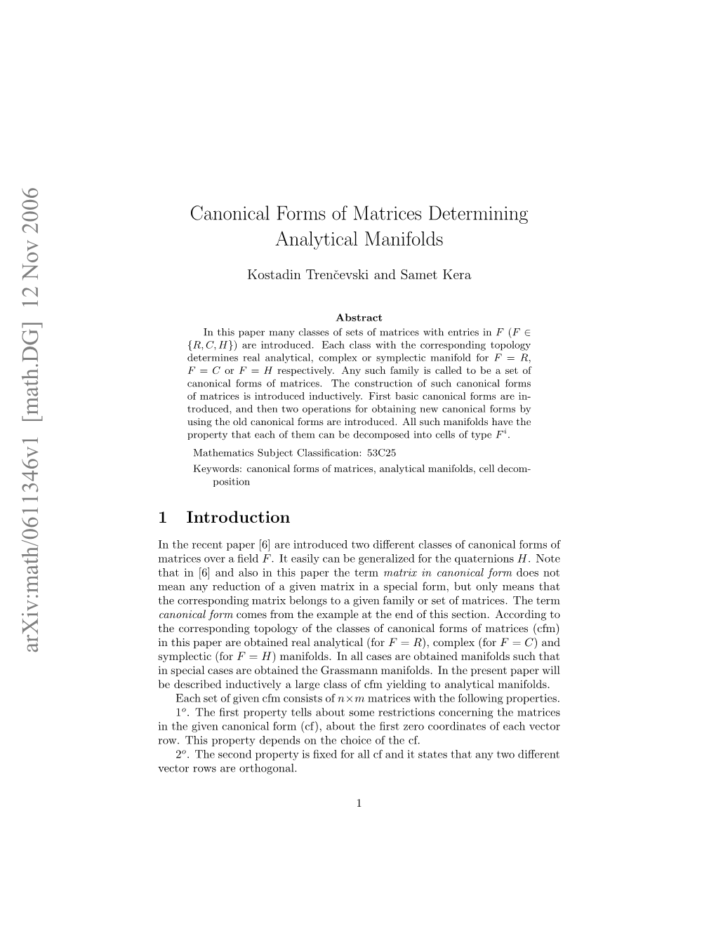 Canonical Forms of Matrices Determining Analytical Manifolds