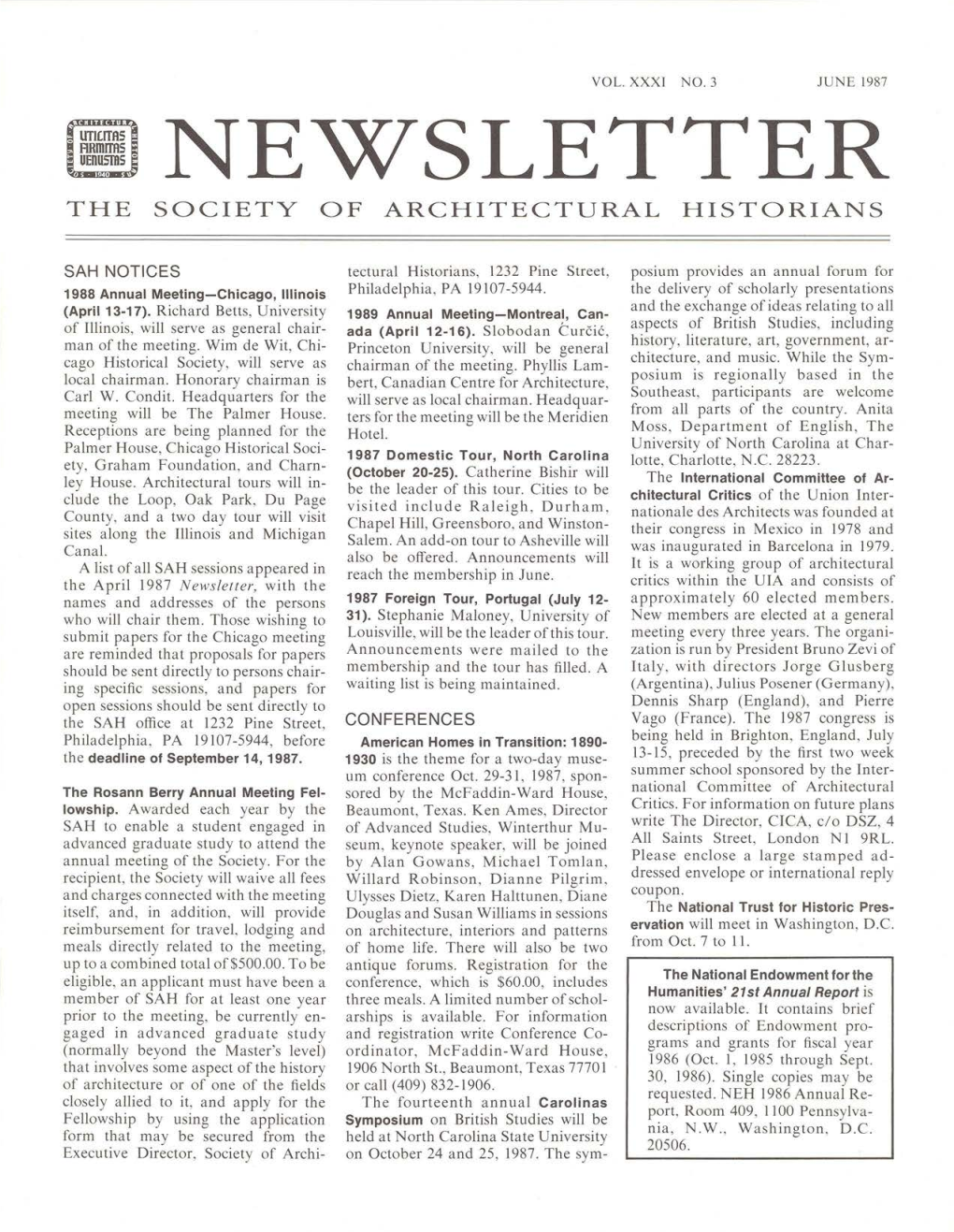 Newsletter the Society of Architectural Historians