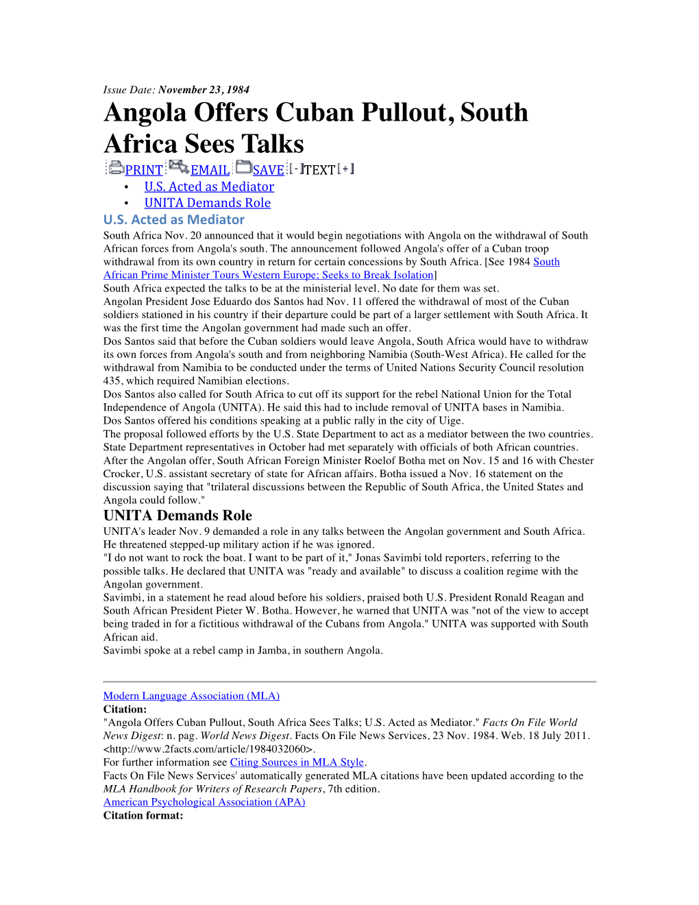 Angola Offers Cuban Pullout, South Africa Sees Talks PRINT EMAIL SAVE TEXT • U.S