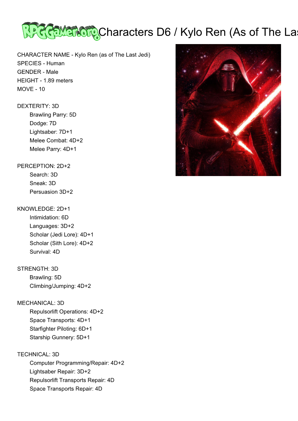 Rpggamer.Org (Characters D6 / Kylo Ren (As of the Last Jedi)) Printer